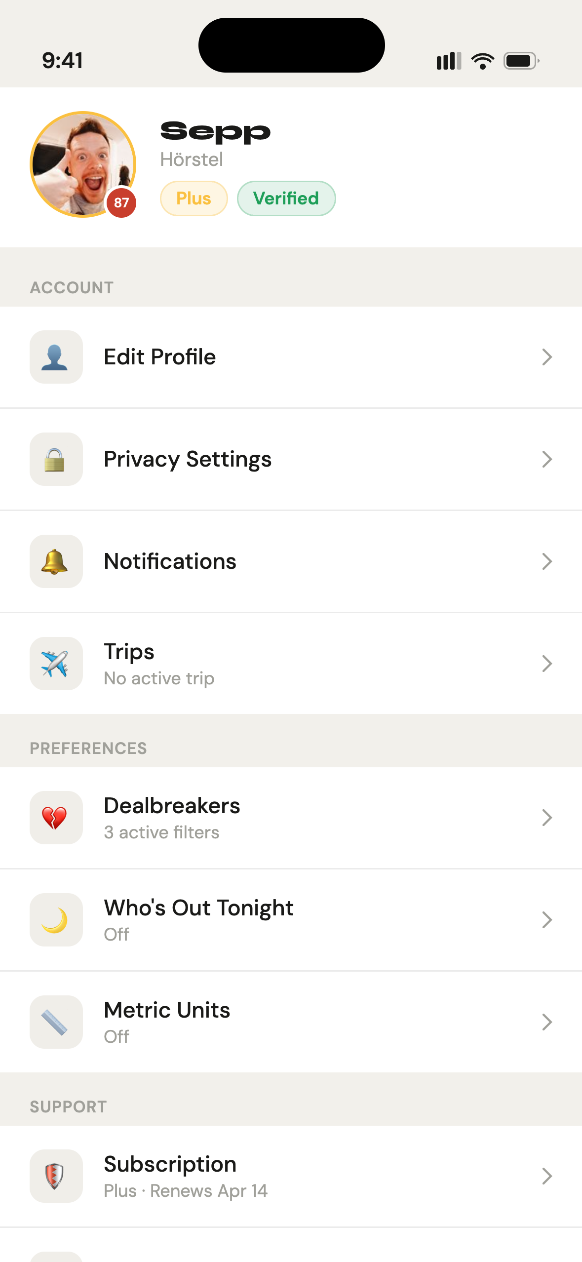 Gettit settings screen